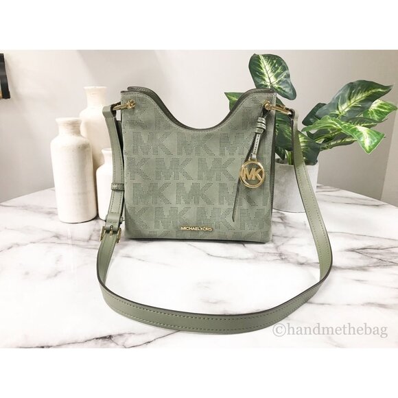 NEW Michael Kors Joan Small Slouchy Messenger Green Perforated Suede Leather Bag